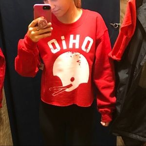 Red Cropped Ohio State Helmet Crewneck
